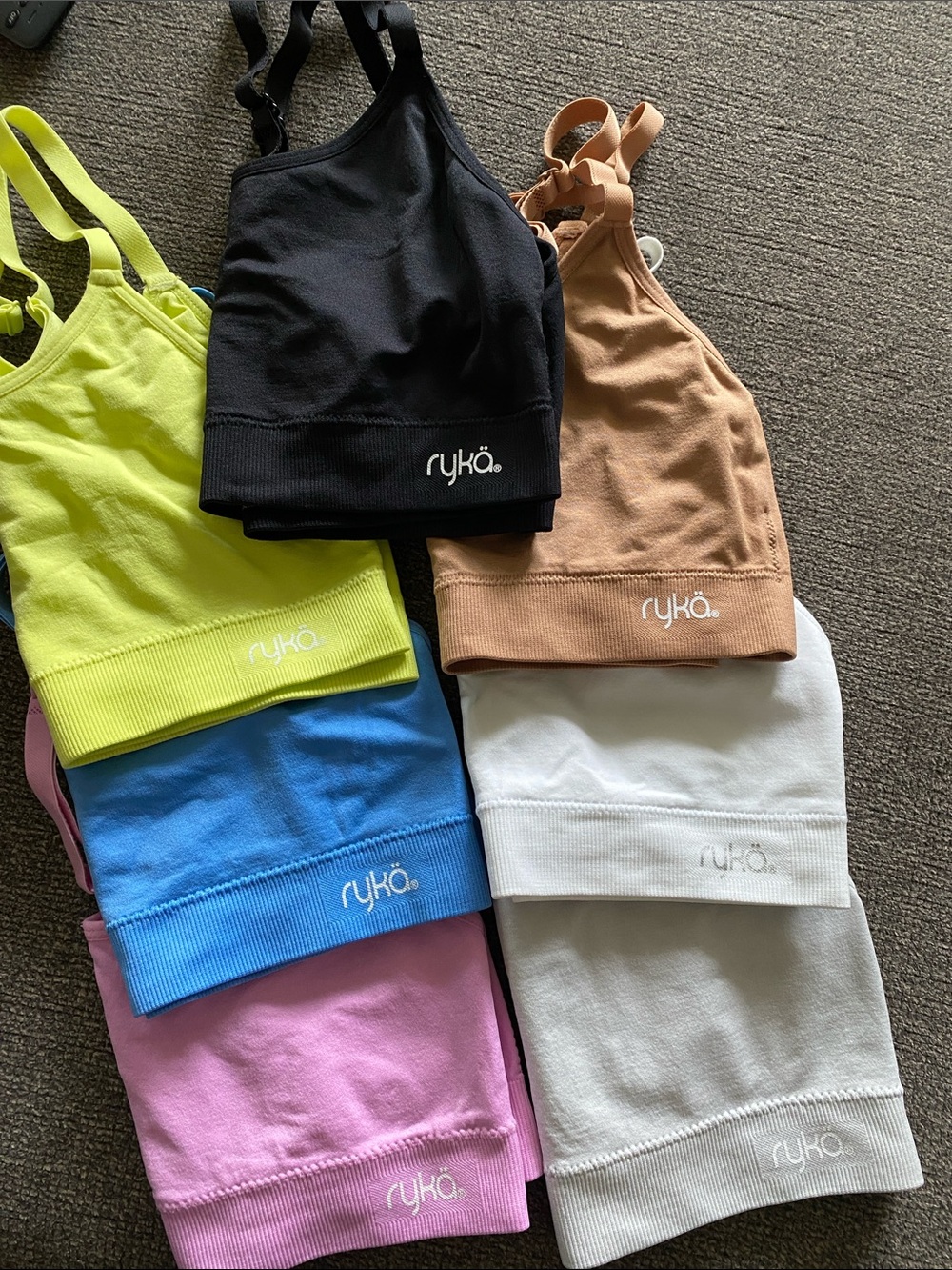 7 Ryka Sports Bra Bundle - Blue, Pink, Tan, Black, Yellow, White Sports Yoga Gym
